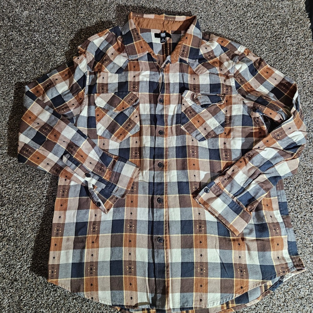 Frye Mens XL Western Plaid Flannel Shirt Brown Cream Long Sleeve Button Down